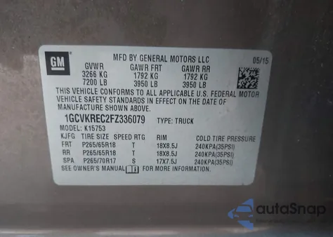 2015 Chevrolet Silverado 1500 1Lt z USA, uszkodzony, nr VIN 1GCVKREC2FZ336079